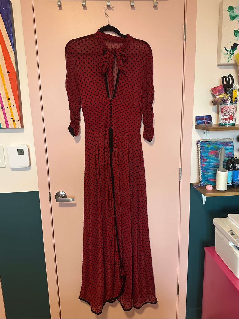 Unique Vintage Burgundy Polka Dot Tie-Neck Maxi Dress